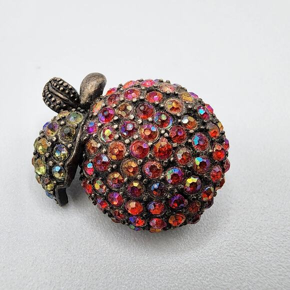 Laila Rowe Apple Brooch Aurora Borealis Crystal Pavé Red Fruit Pin 1" - Picture 2 of 5